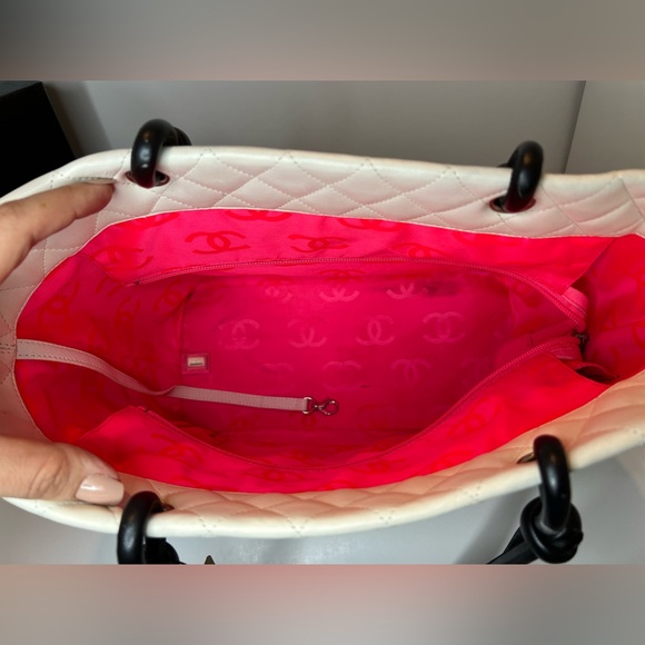 Chanel Cambon Tote Shoulder Bag Handbag White/Black Quilted Lambskin Leather - Picture 7 of 8